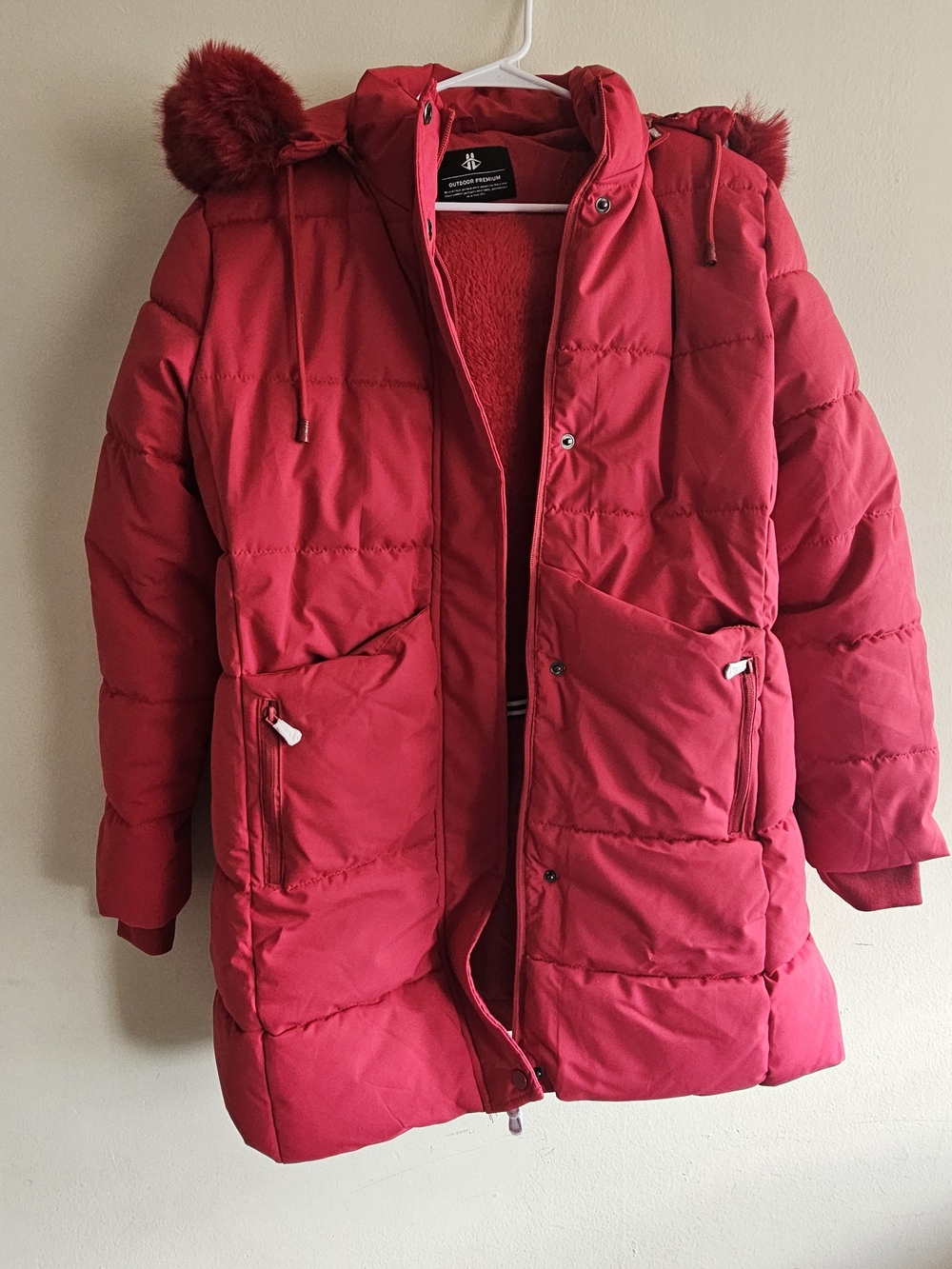 Women's Red Hooded Puffer Coat with Faux-Fur Pom Trim